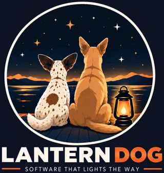 Lantern Dog badge: two dogs on a dock beside a lantern, looking out over the water